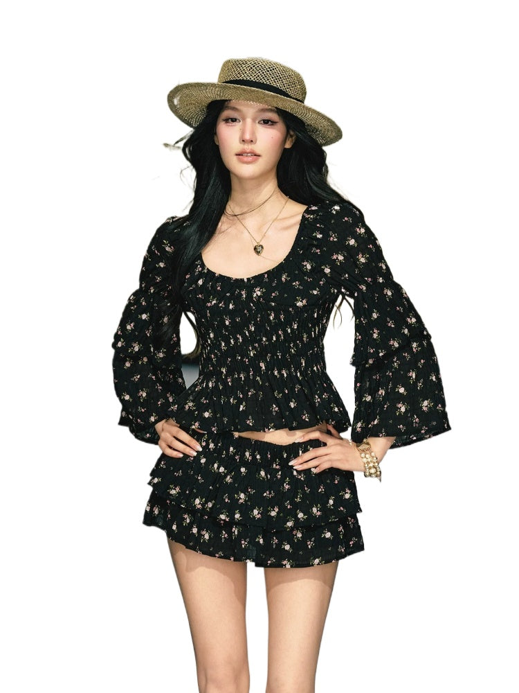 Floral Ruffle Sleeve Skirt Set