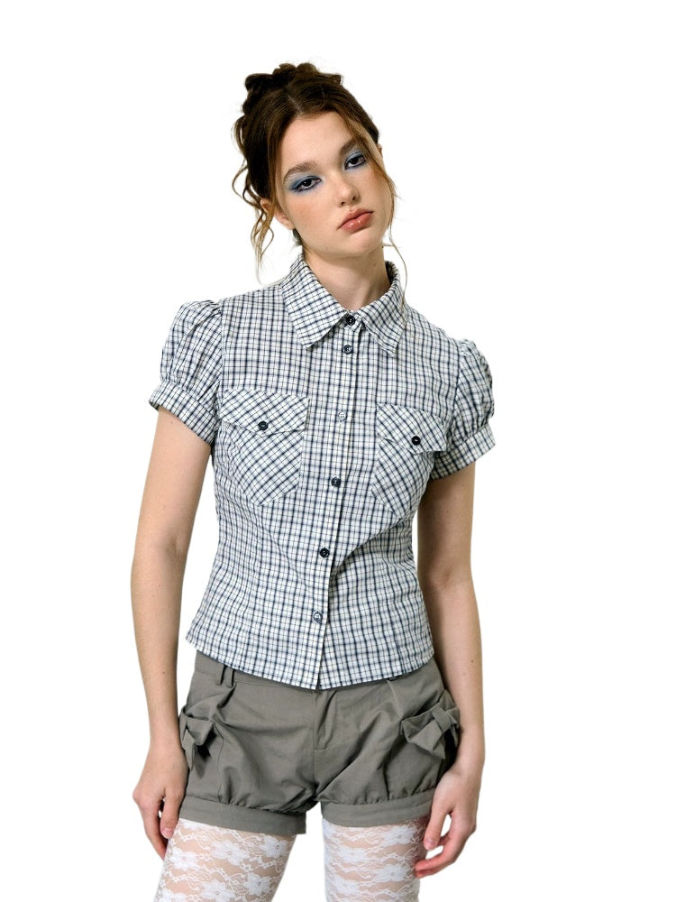 Black Gingham Puff Sleeve Shirt