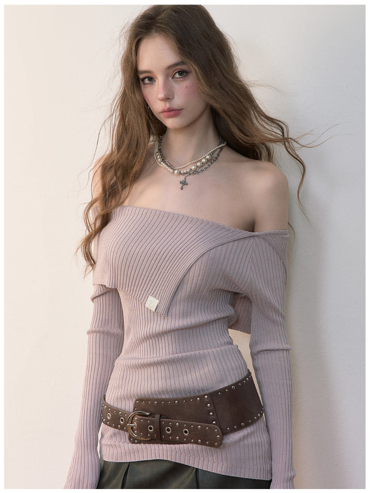 One-Shoulder Collared Knit Crewneck