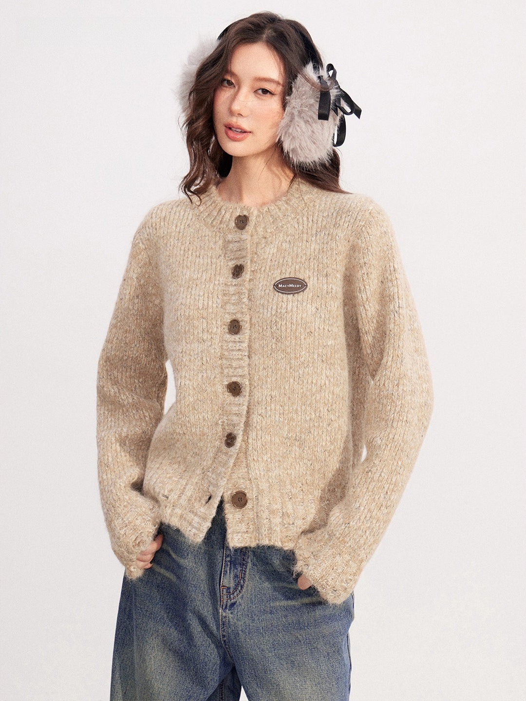 Khaki Tweed Chunky Knit Cardigan