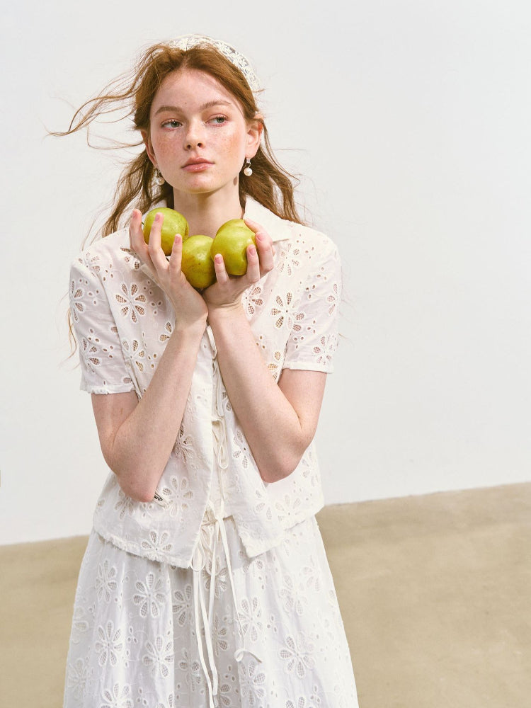 Hollow-out Flower Tie-up Short-Sleeve Top & Skirt Set