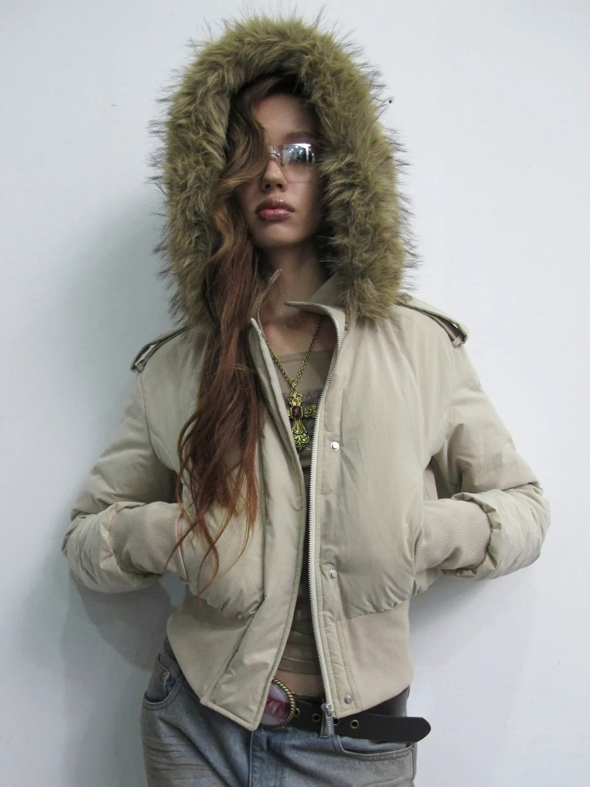Detachable Faux Fur Ribbed-Waist Down Jacket