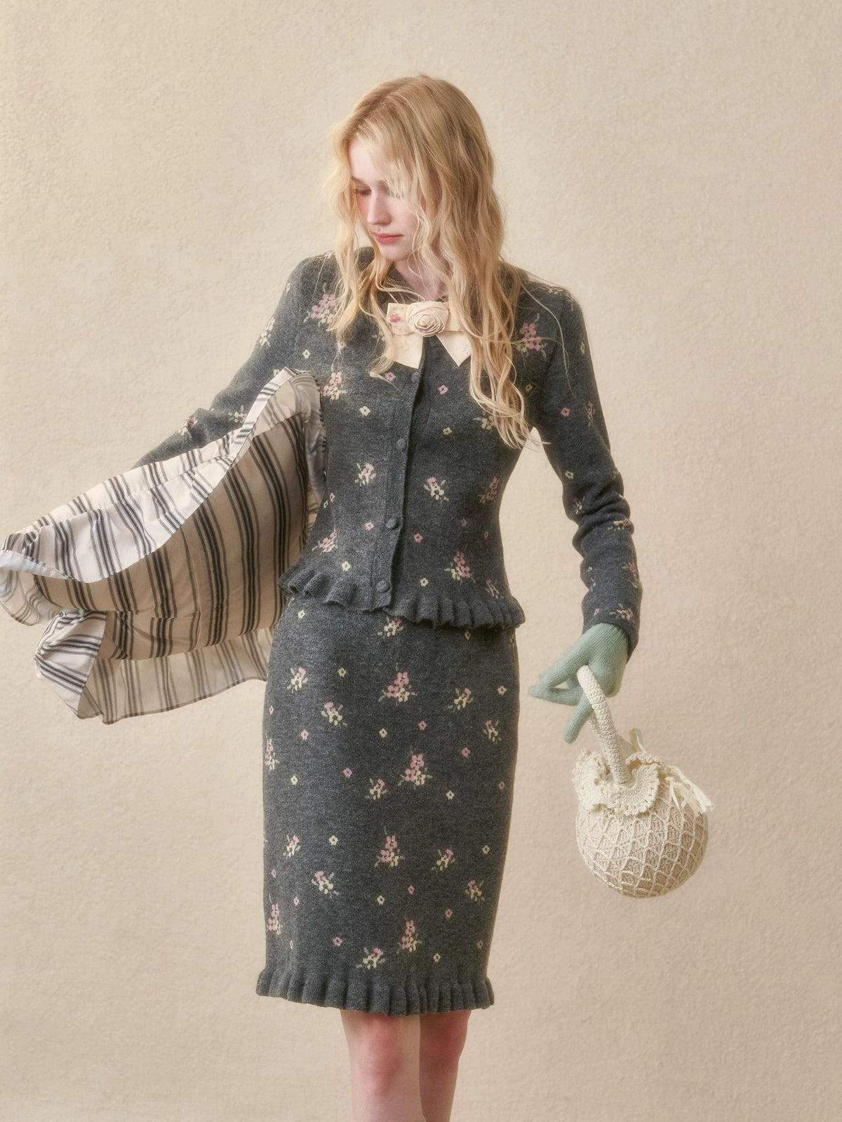 Floral Knit Cardigan & Skirt Set