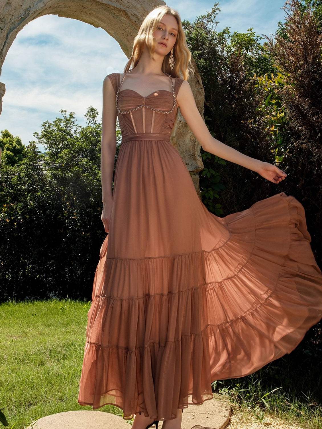 Tia Beaded Crochet Pleated Mesh Halter Dress