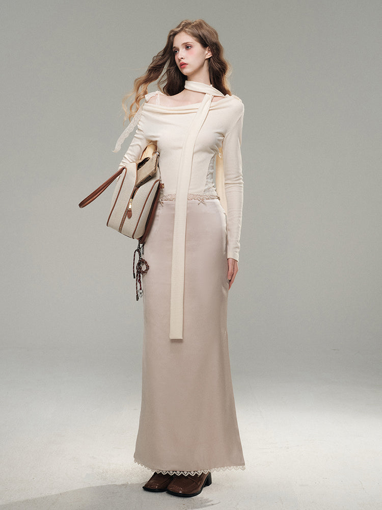 Lace Satin Midi Skirt