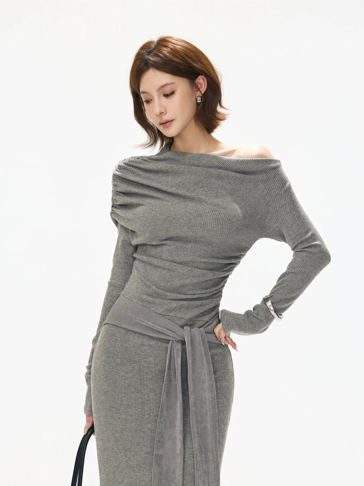 Ruched One-Shoulder Knit Dress
