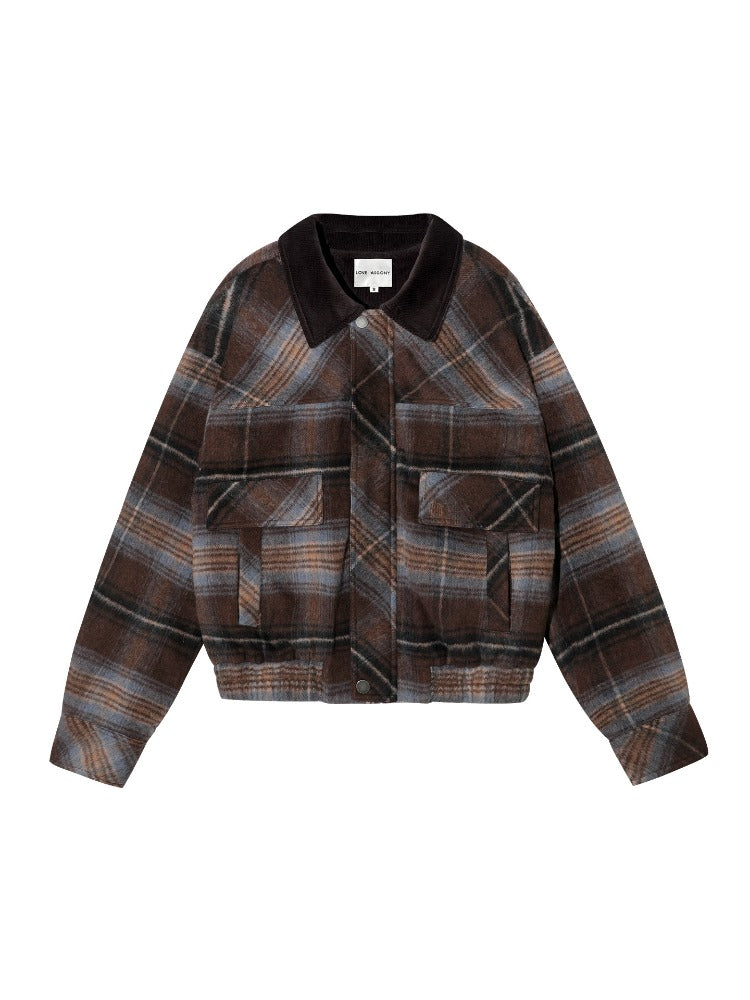 Plaid Wool-Blend Lapel Jacket