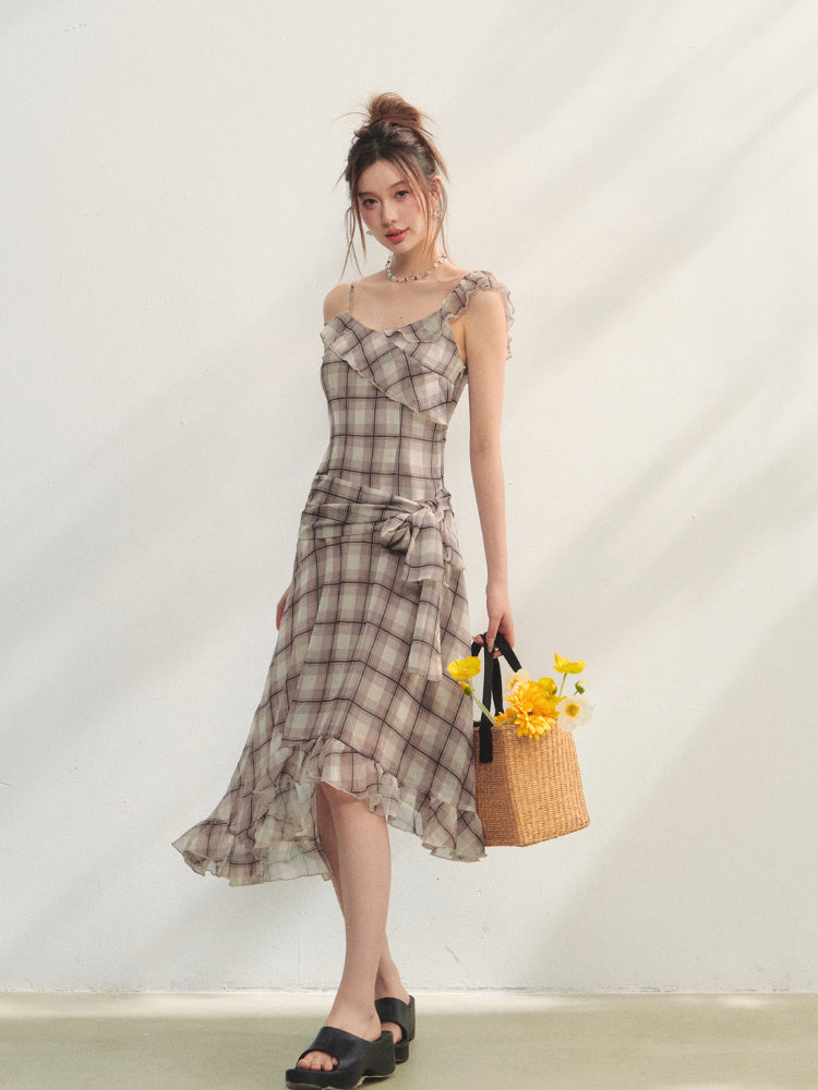 Checkered Print Asymmetrical Slip Dress
