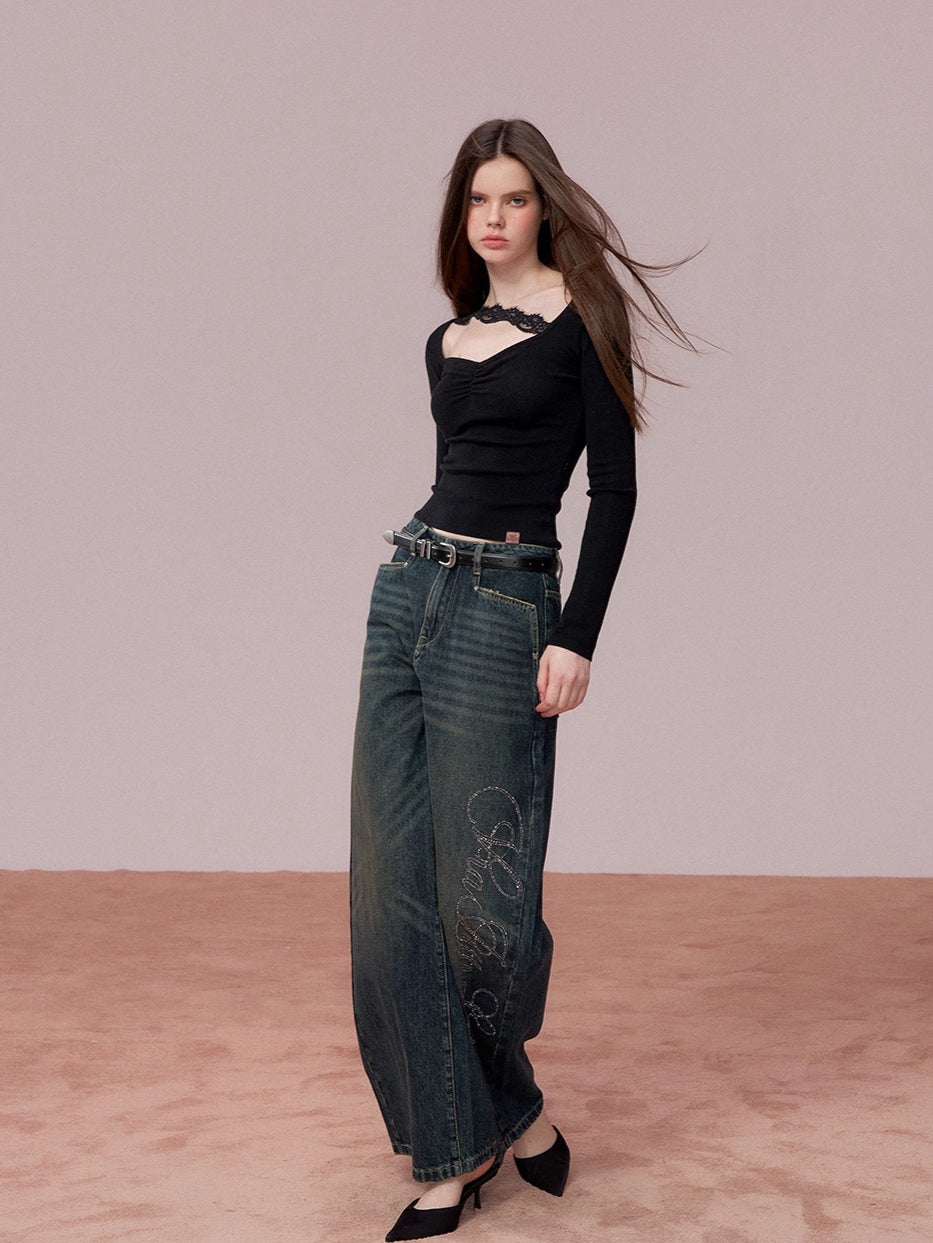 Ruched Lace Detail Knit Top