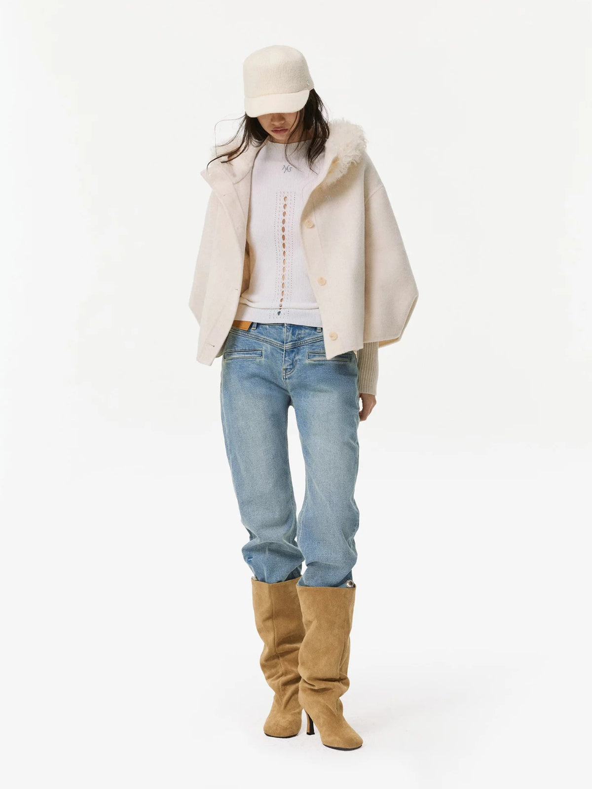 Shearling Collar Wool Cashmere Cape Coat