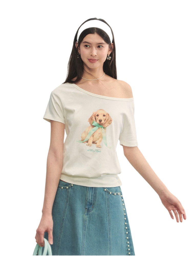 Asymmetric Shoulder Bow Puppy Printed T-Shirt