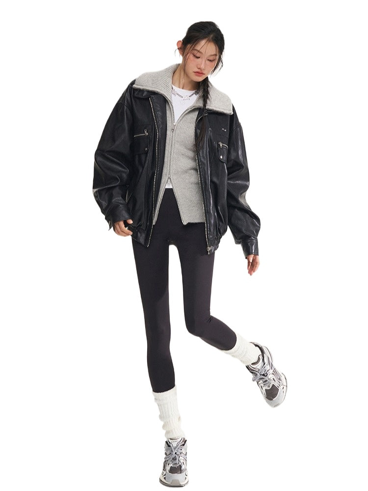 Black & White Vintage Silhouette Collar Moto Jacket