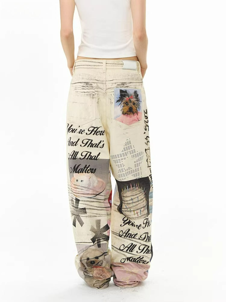 Printed Wide-Leg Denim Jeans