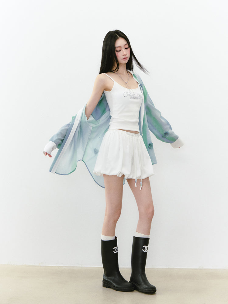 White Satin Tie-up Puff Skirt