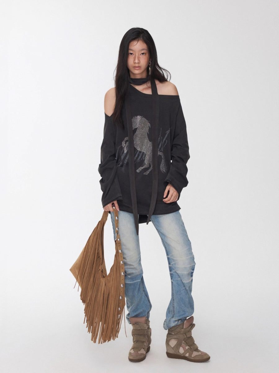 Rhinestone Graphic Off-Shoulder Tie Sweatshirt