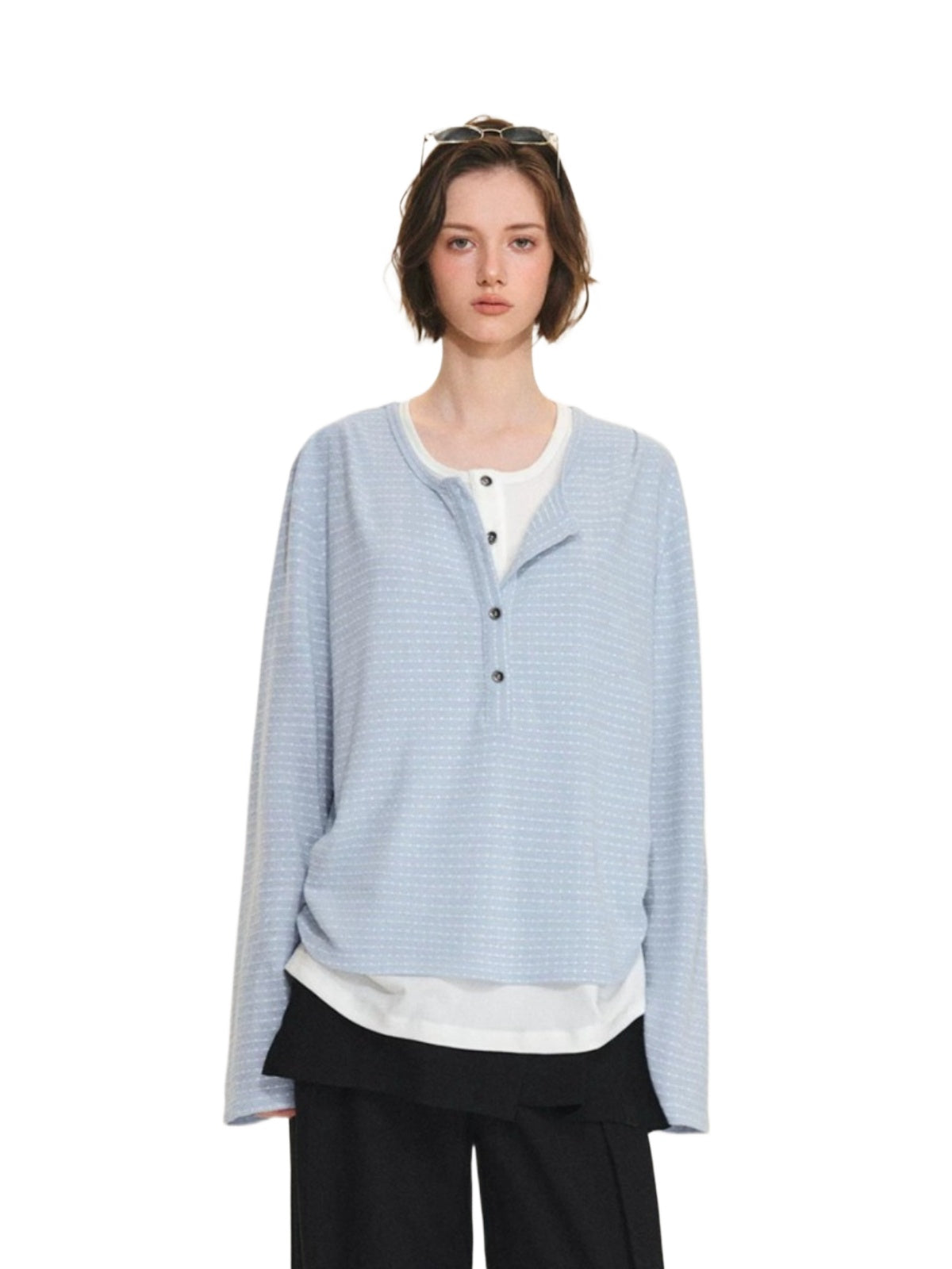 Layered Striped Henley Ruched Top