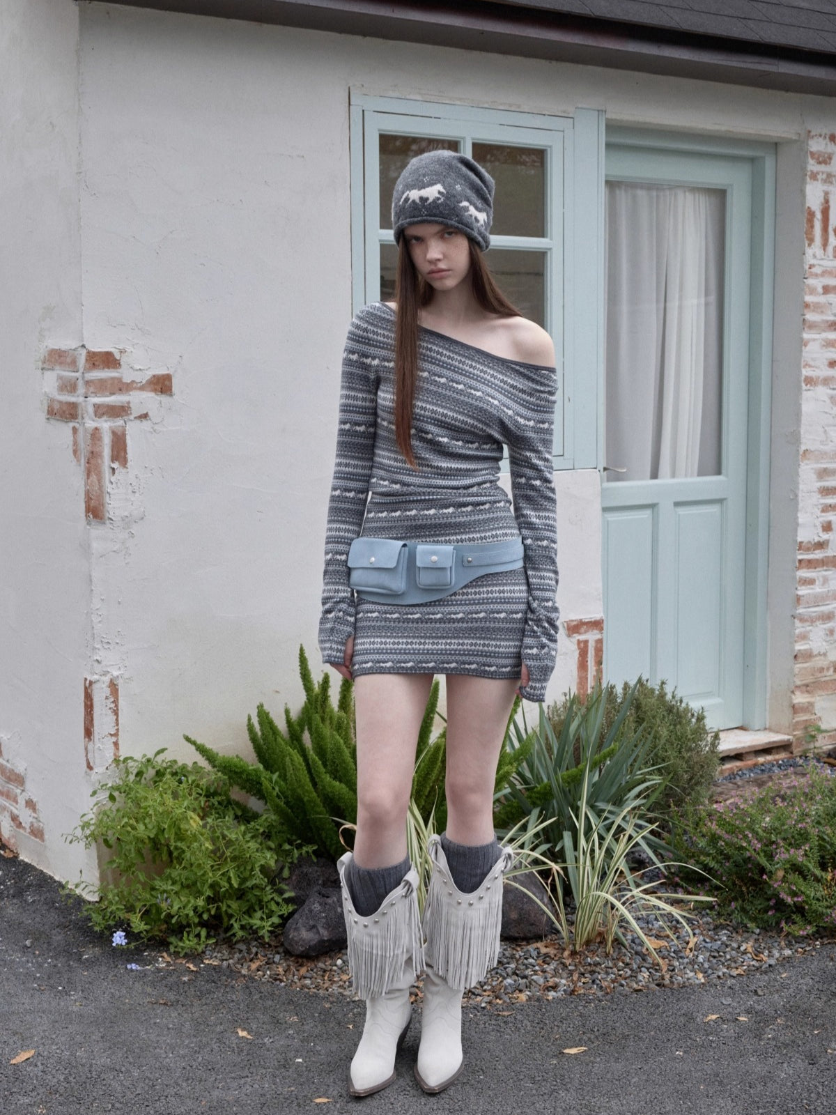 Fair Isle Off-Shoulder Jacquard Knit Dress