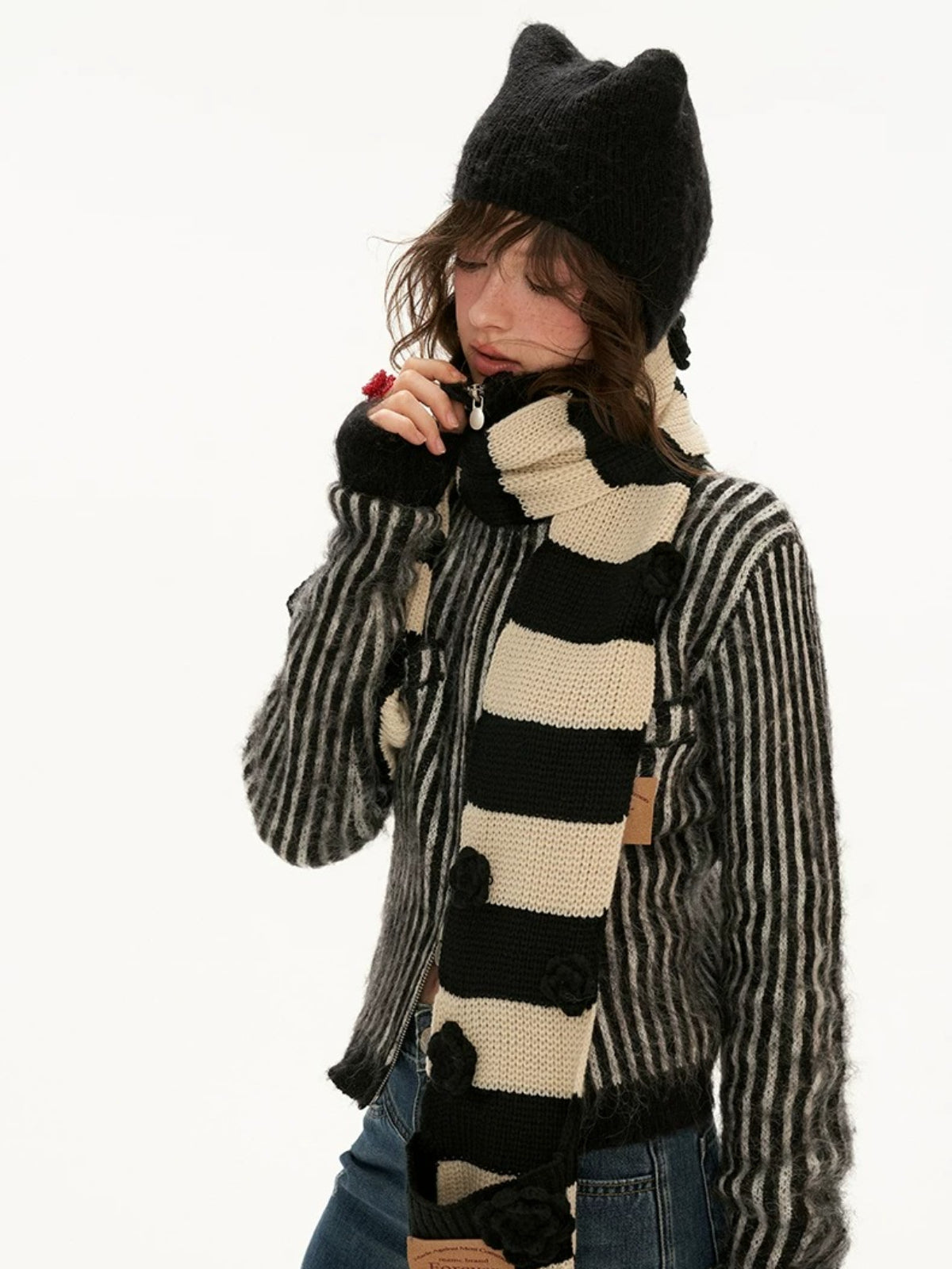 Striped Hooded Zip Knit Cardigan