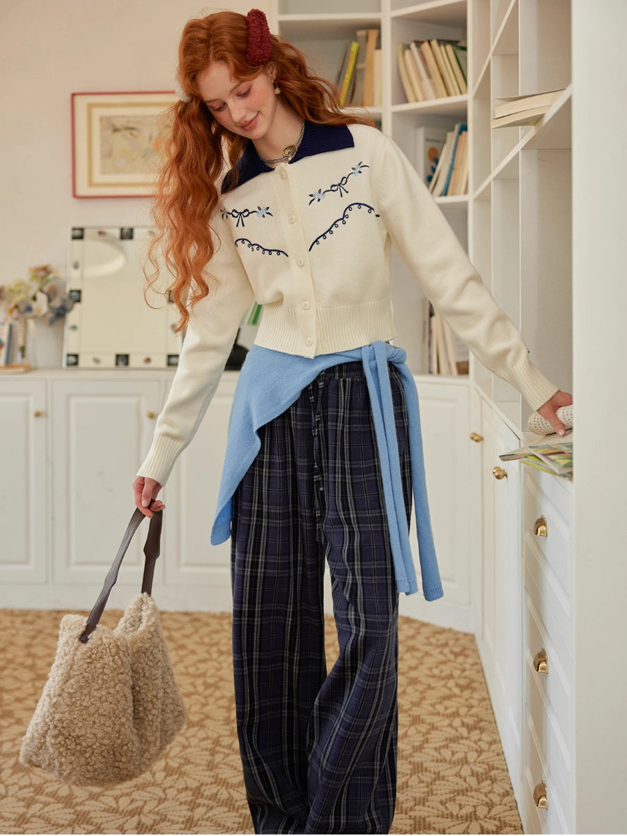 Contrast Collar Embroidered Knit Cardigan