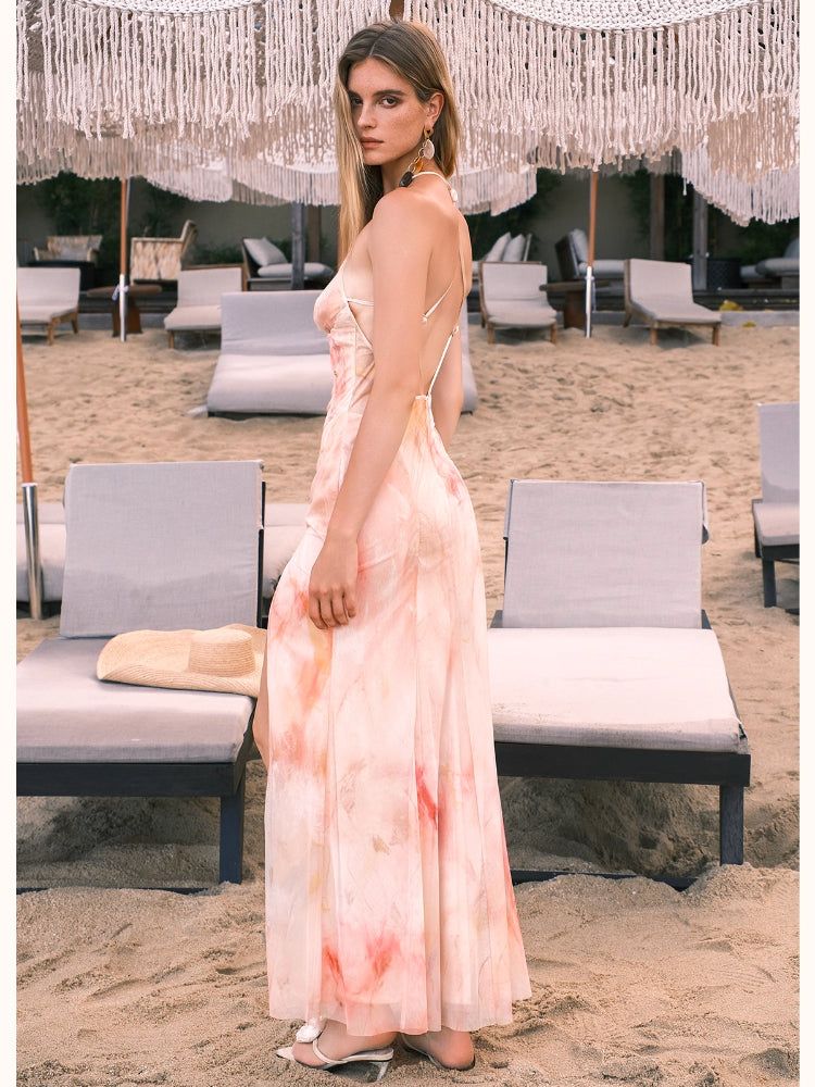 Net Fabric Halter Neck Backless High Slit Floral Print Dress