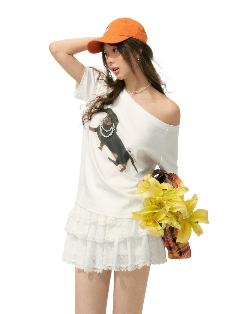 Off-Shoulder Pearl Embroidered Asymmetrical T-shirt