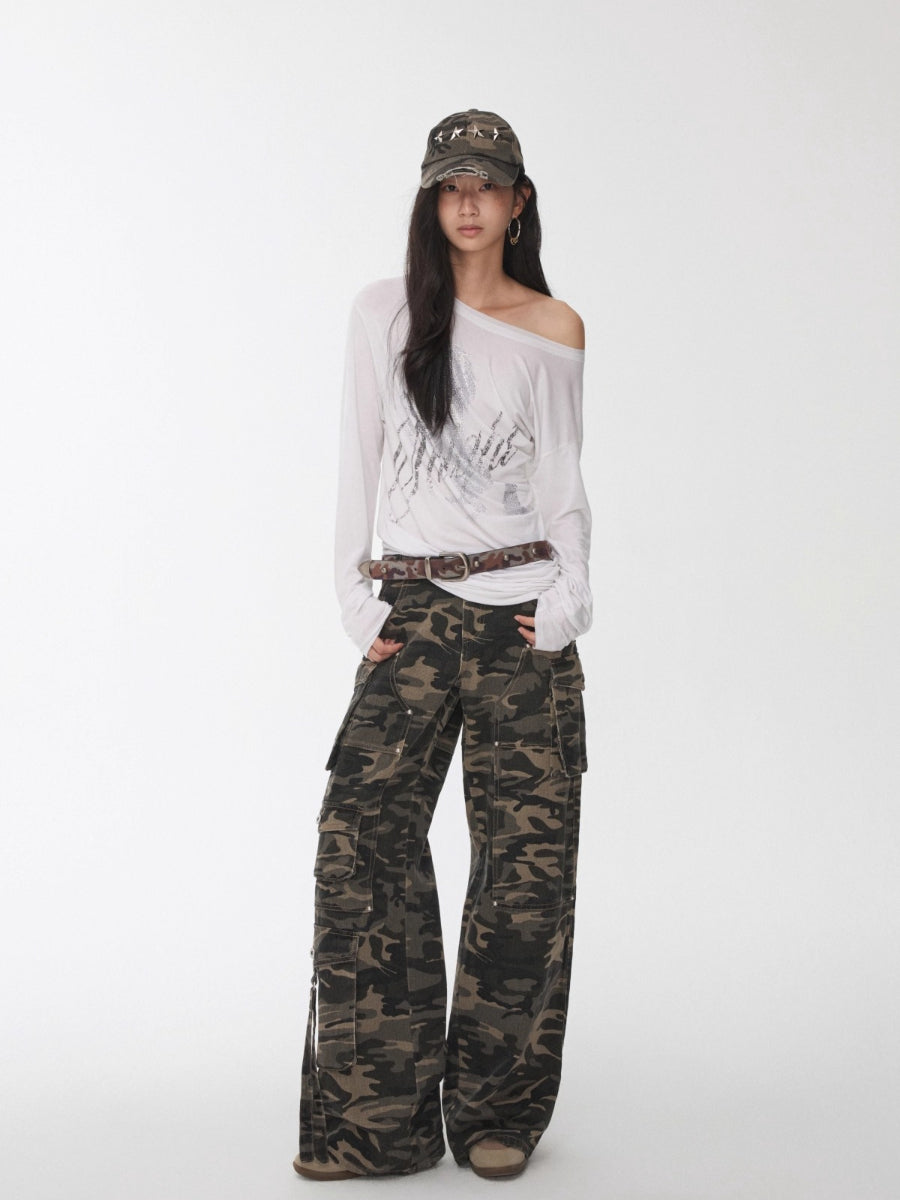 Rhinestone Embellished Asymmetric Drape T-shirt