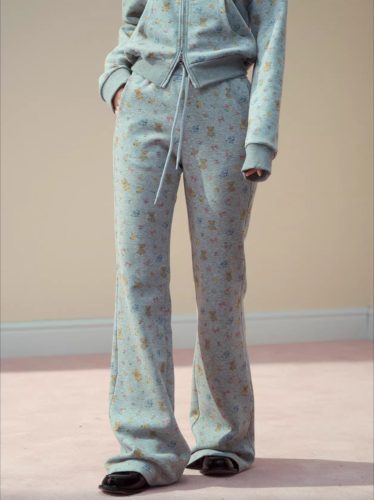 Floral Bear Bunny Off-Shoulder Sweatshirt & Pants Set
