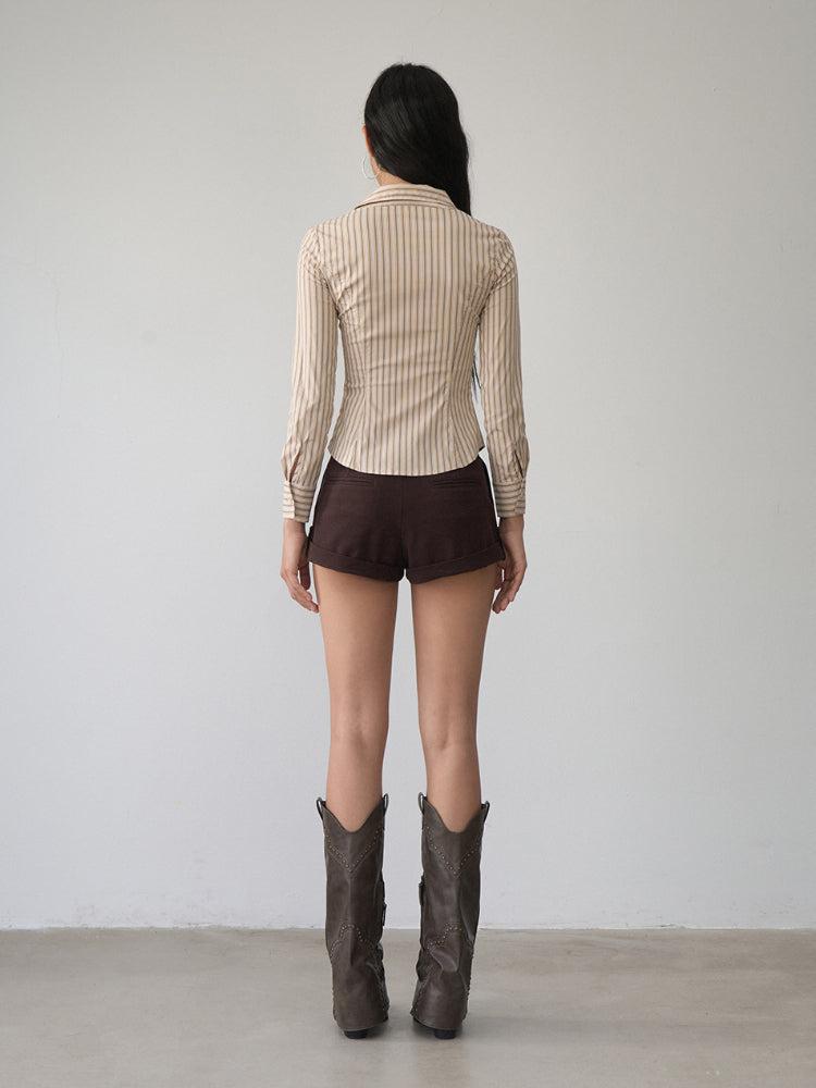 Contrast-colored Collared Waist-cinched Shirt