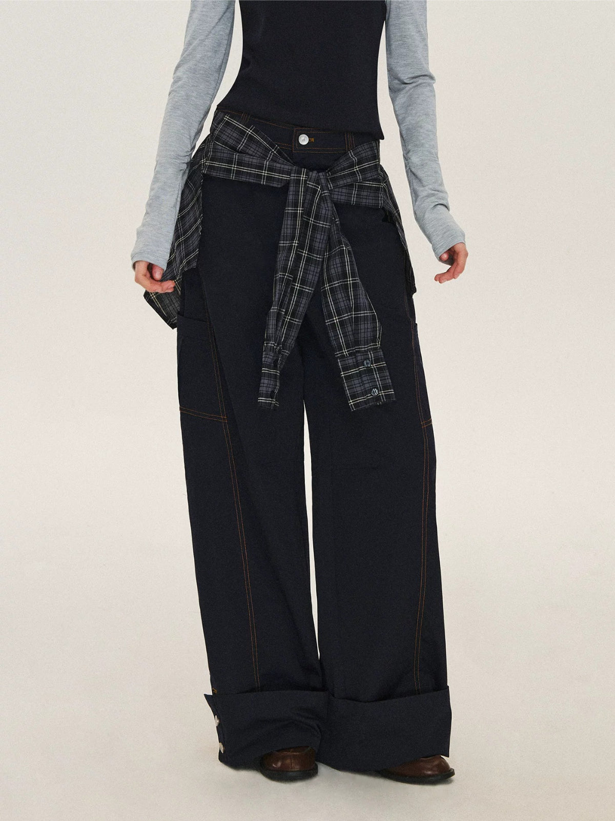 Detachable Plaid Cargo Wide Leg Pants