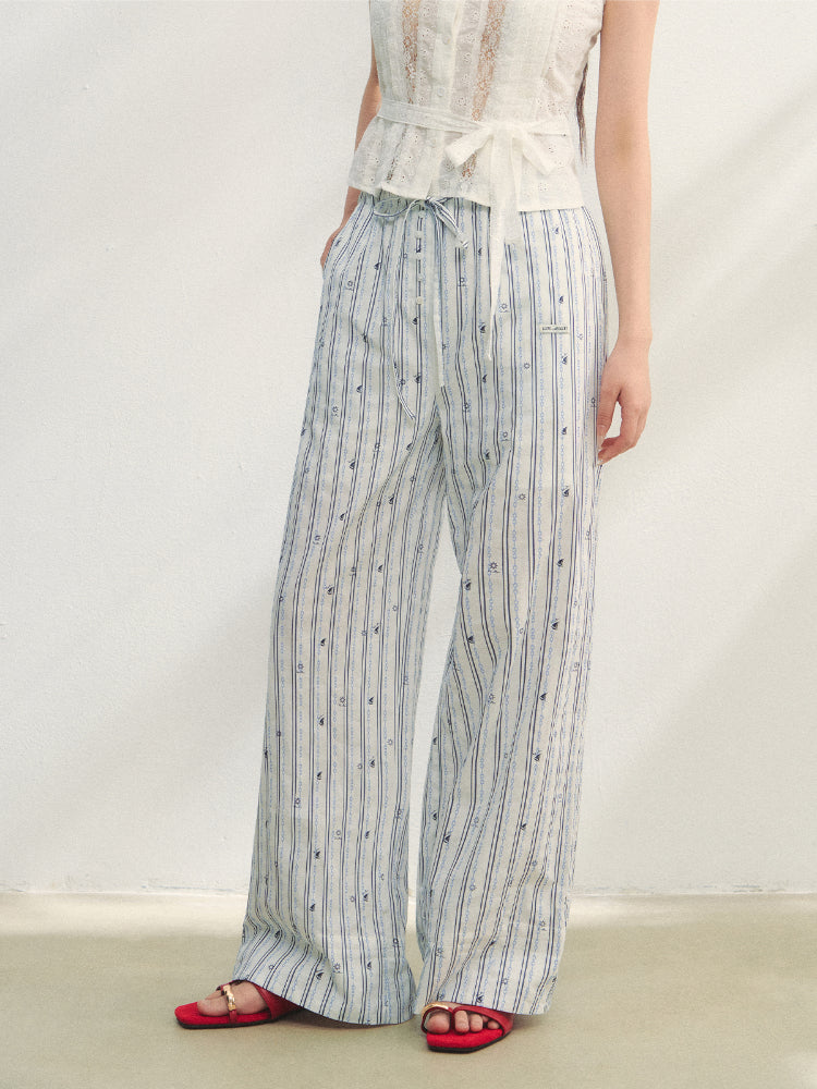 Striped Print Patchwork Embroidery Lace Straight Pants