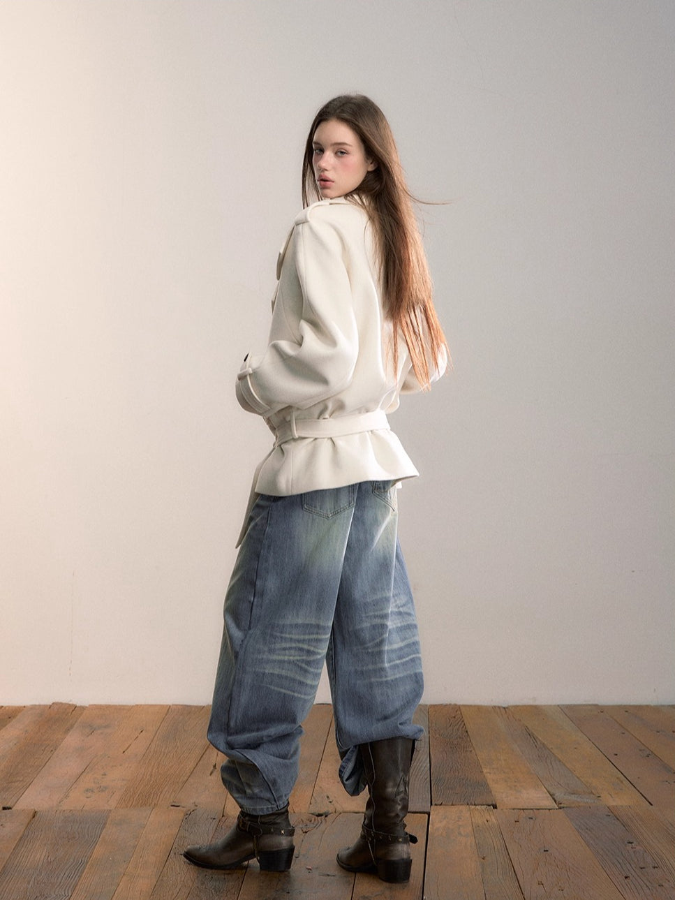 High-Neck Belted Wool Coat