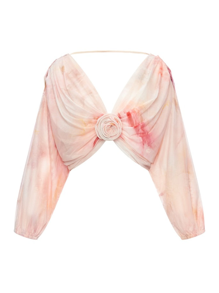 Net Fabric Halter Neck Backless High Slit Floral Print Dress