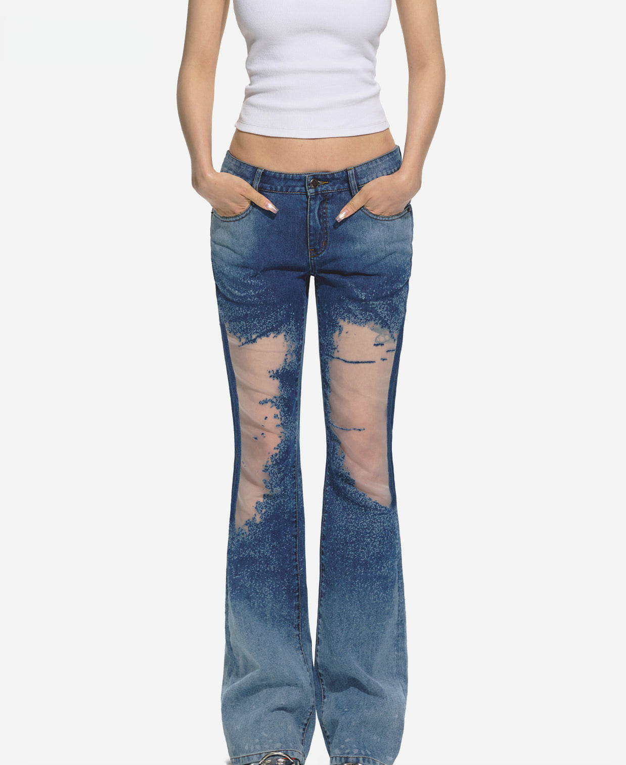 Blue Mesh Patchwork Low-Rise Flared Pants