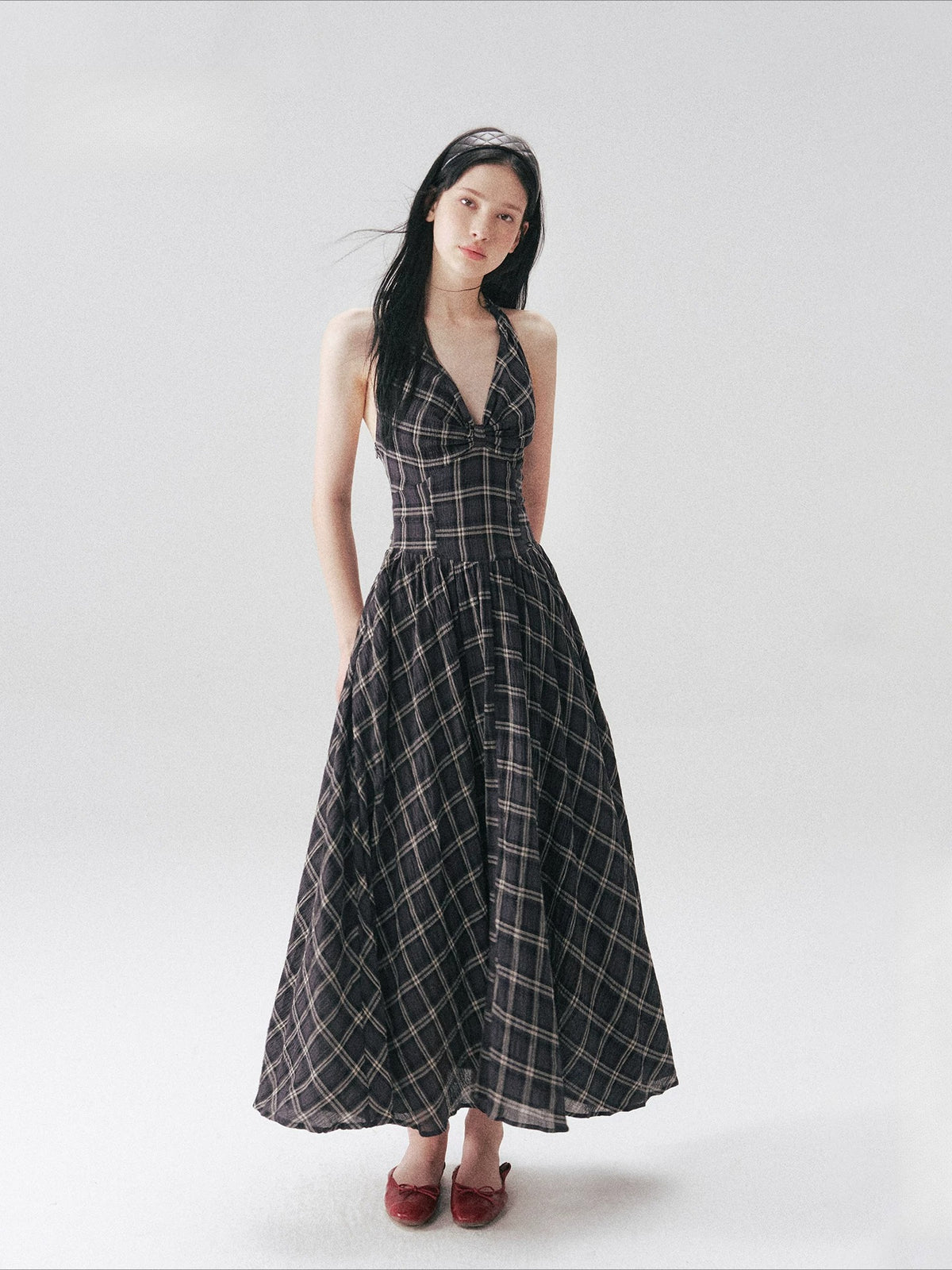 Vintage Plaid Halter Backless Midi Dress