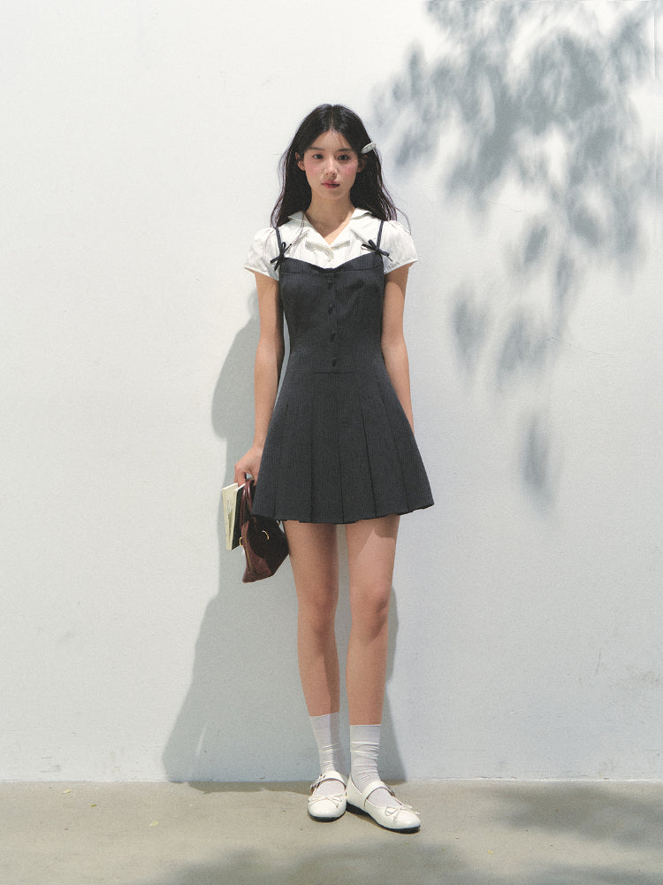 Academy Style Fake Two-piece Pleated Dress