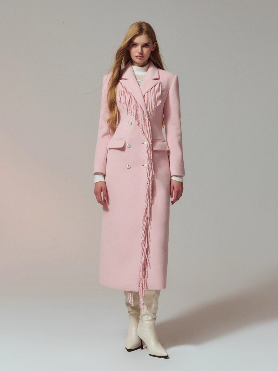 Wool-Blend Hourglass Fringe-Scarf Double-Breasted Long Coat