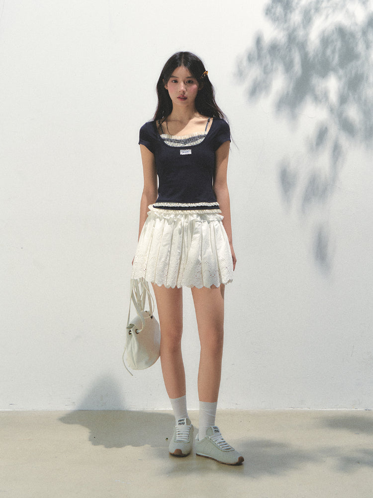 Two-piece Spliced Hem Lace Short-sleeve T-shirt