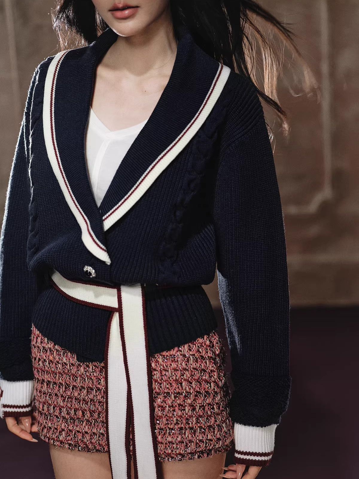 Color-Block Collared Tie-Waist Sweater