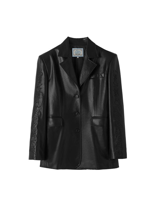 Black & White Floral Embroidered Leather Blazer