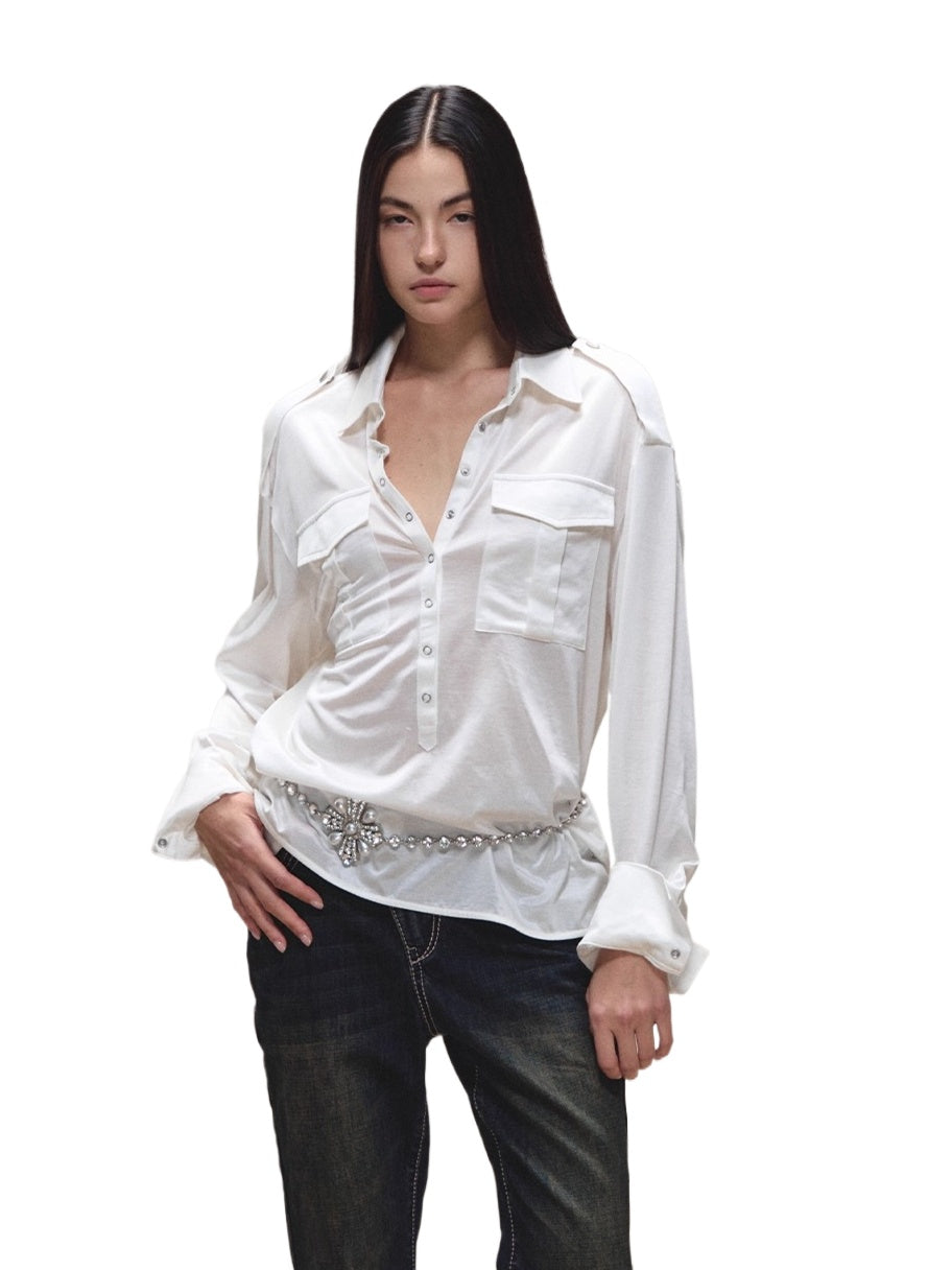 Satin-Sheen Knit Utility Shirt