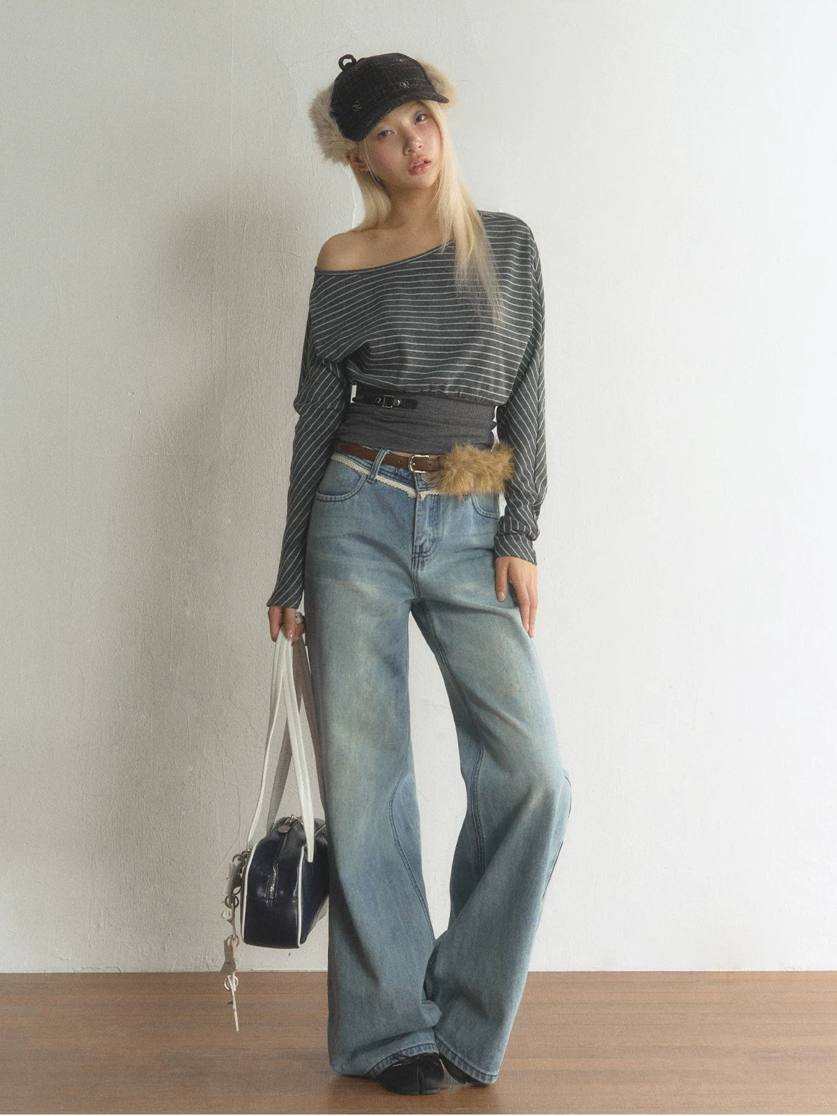 Striped Asymmetric Neck Layered T-Shirt
