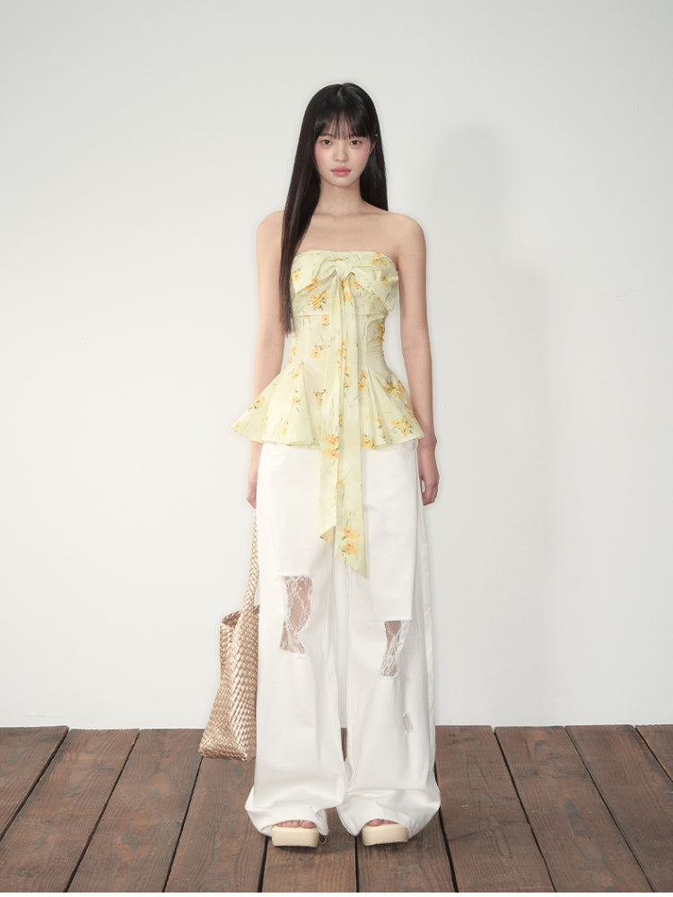 Yellow Floral Elastic Bow - adorned Strapless Top