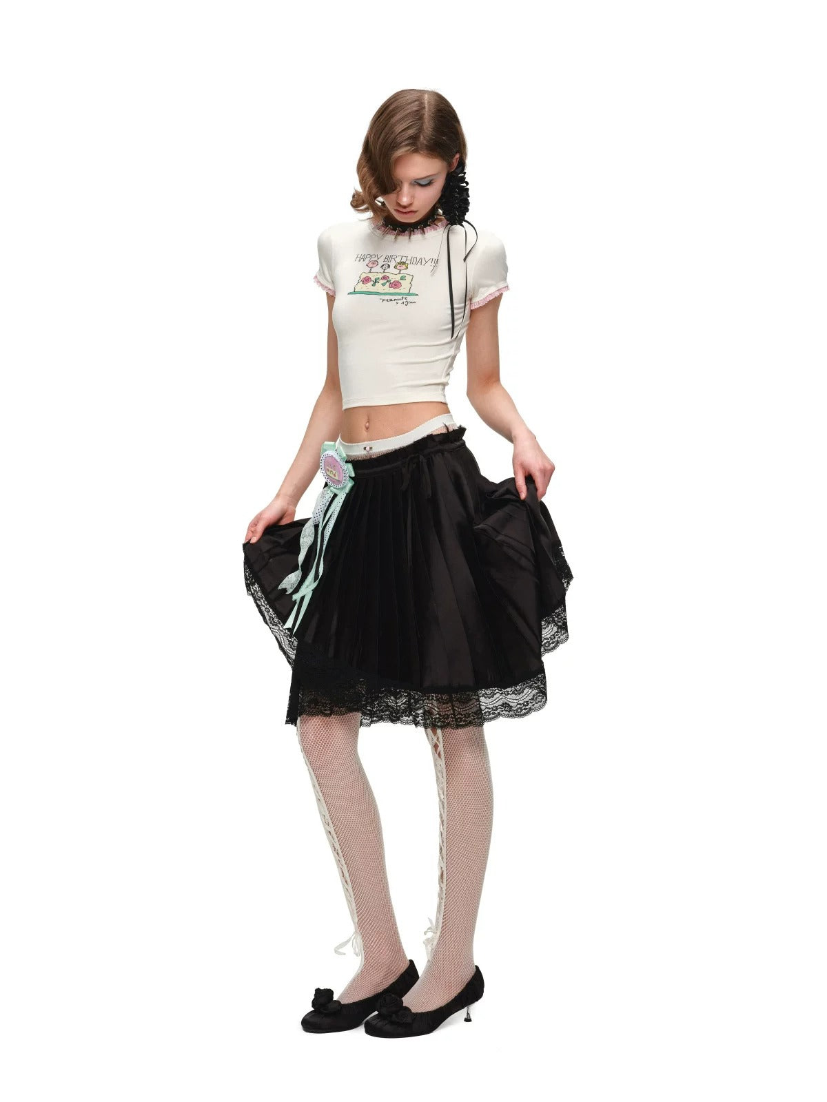 Satin Lace Asymmetric Pleated Skirt
