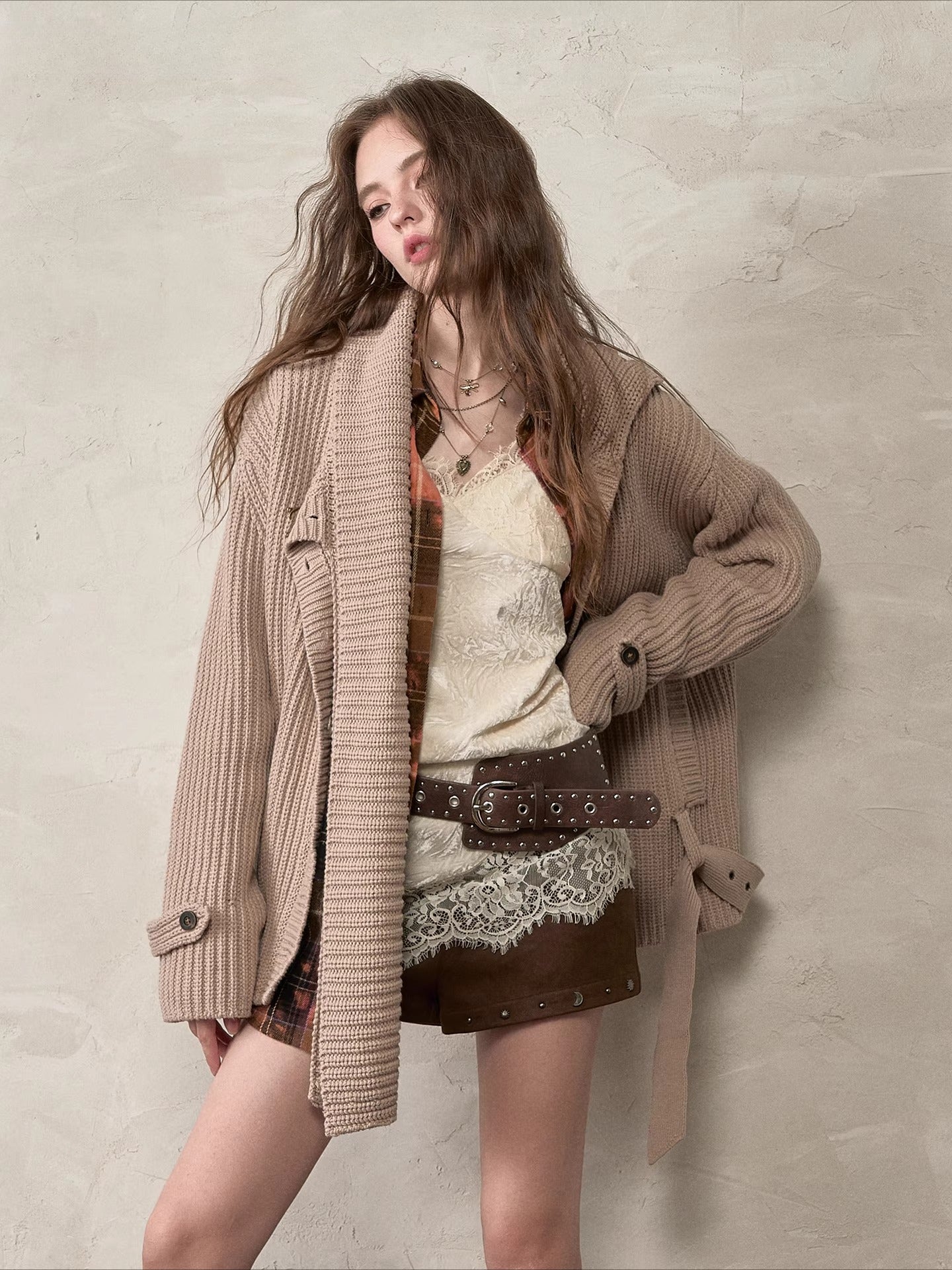 Oatmeal Scarfed Knit Sweater