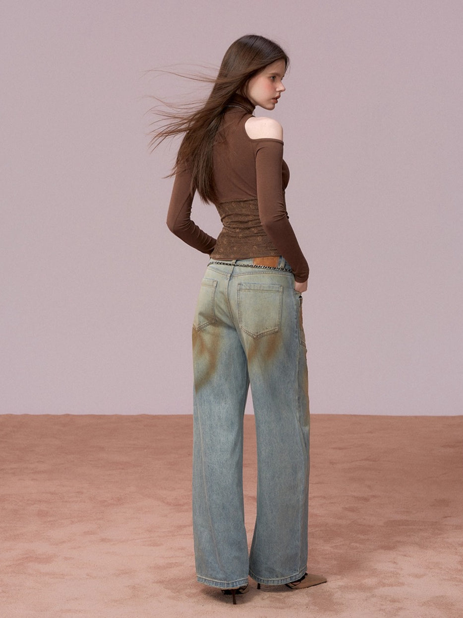 Lace Cold-Shoulder High Neck Long Sleeve Top