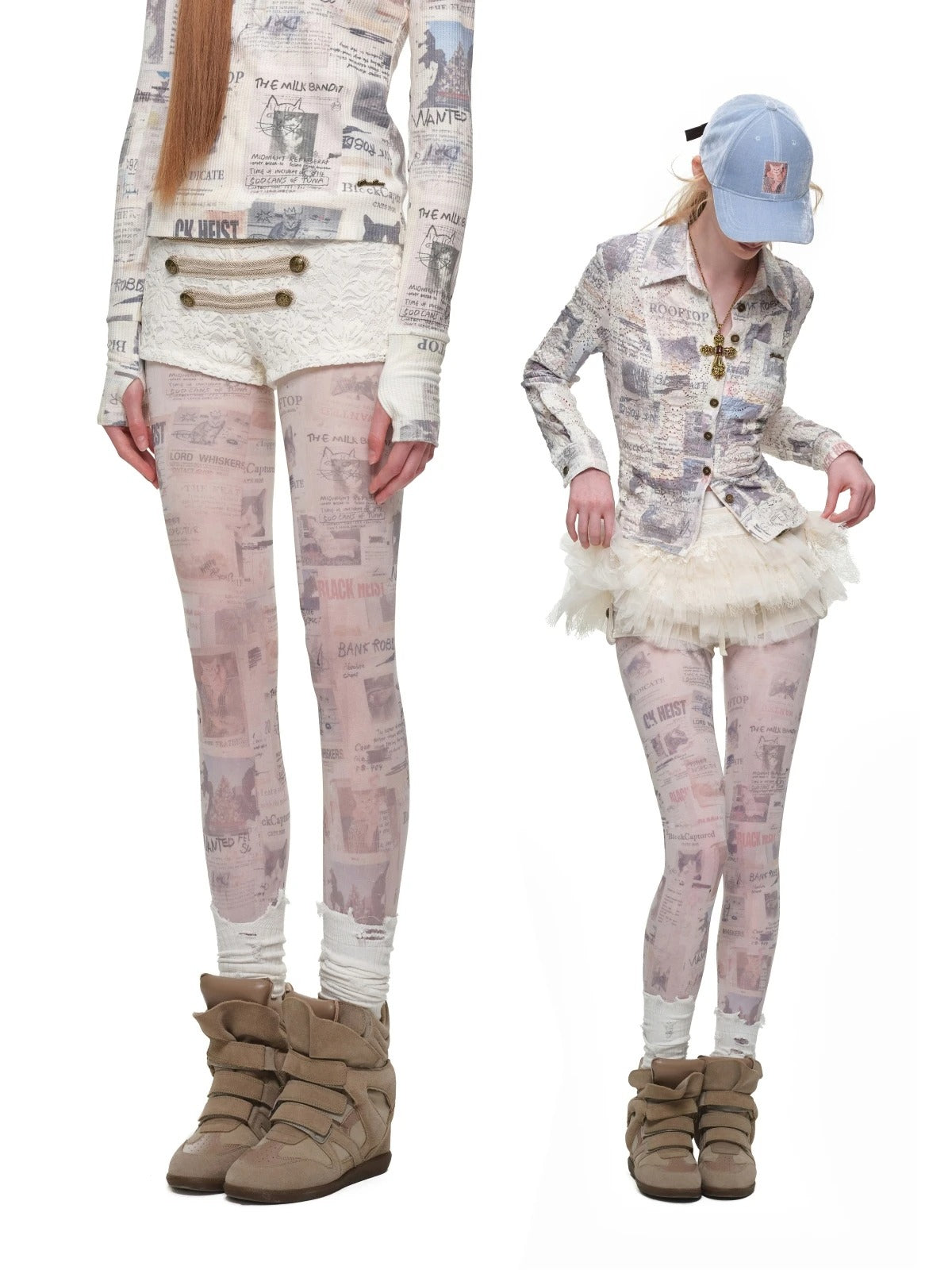 Vintage Cat Newspaper Print Tights
