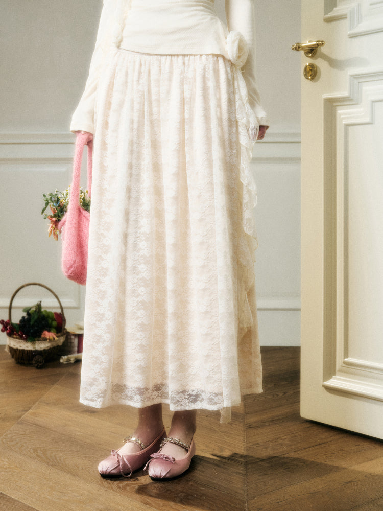 Lace Floral Asymmetrical Off-Shoulder Top & Skirt Set