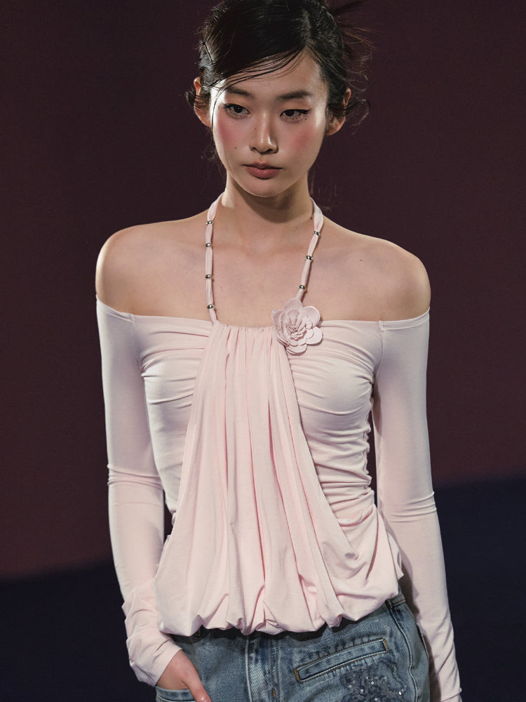 Fake Two-Piece Halter Ruched Floral One-Shoulder Blouse