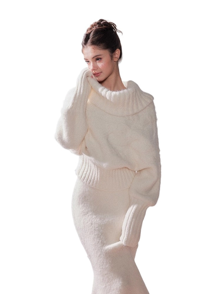 Oversized Turtleneck Off-Shoulder Sweater & Skirt Set