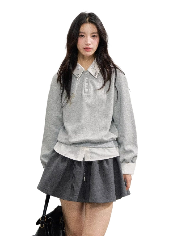 Layered Rose Crystal Collar 2-in-1 Sweatshirt